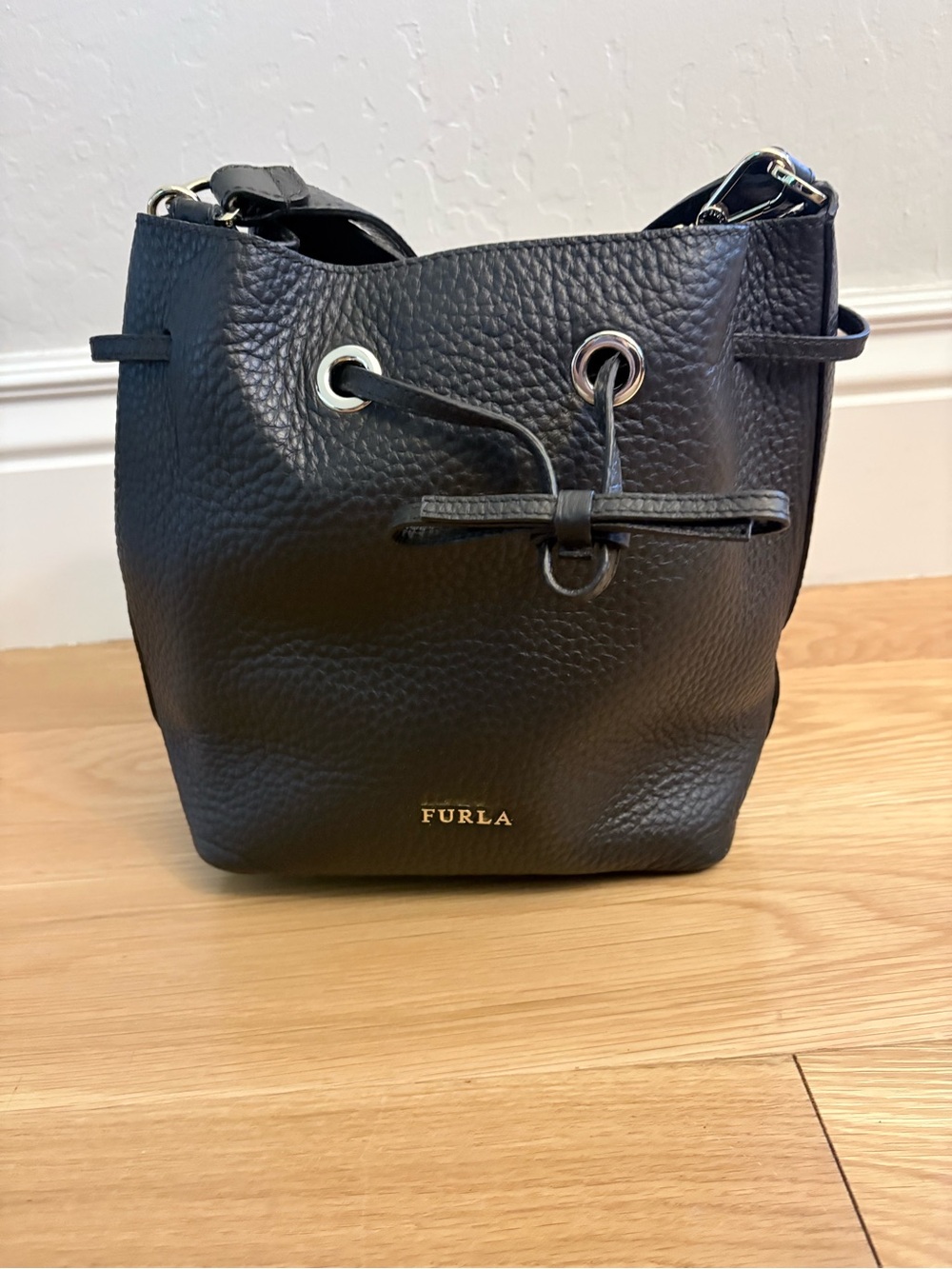 Furla Black Pebbled Leather Drawstring Crossbody Bucket Bag